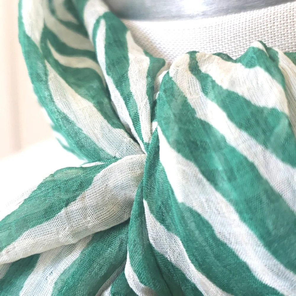 VINTAGE Silk Scarf Infinity Green White Animal Print Tiger Zebra